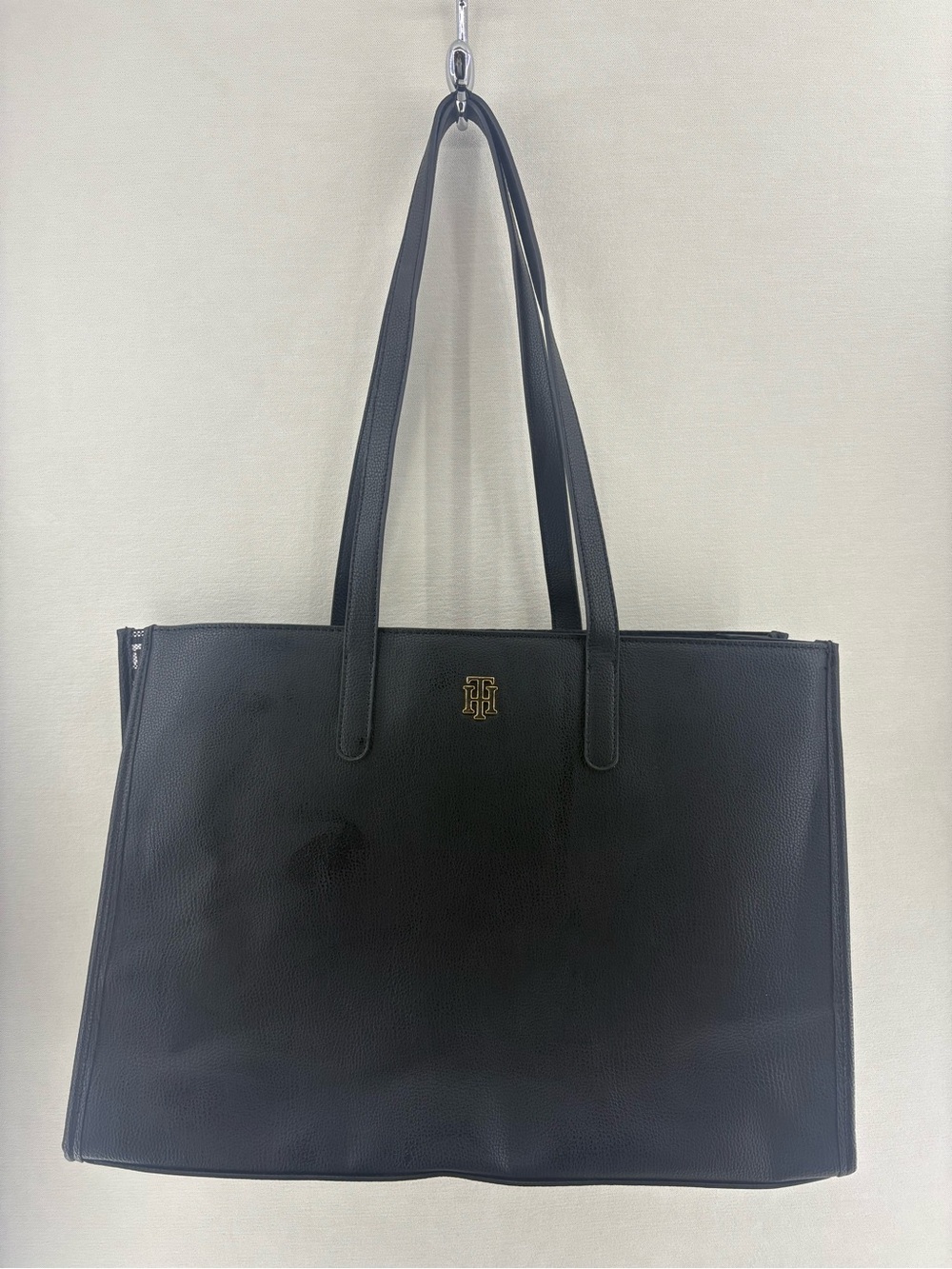 Tommy Hilfiger Black Leather Shoulder Tote with Gold Logo